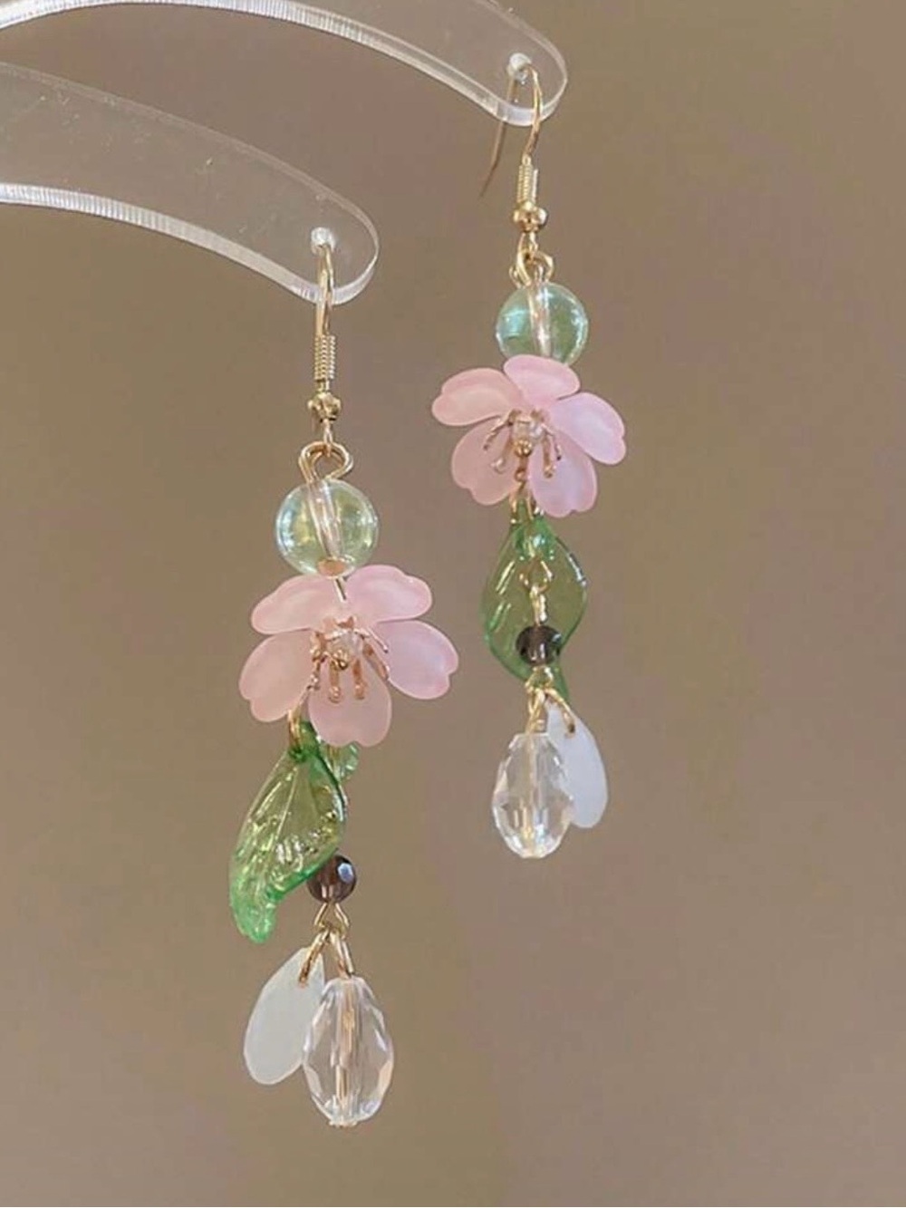 Delicate Pink Flower & Green Leaf Dangle Earrings – Feminine Floral Jewelry